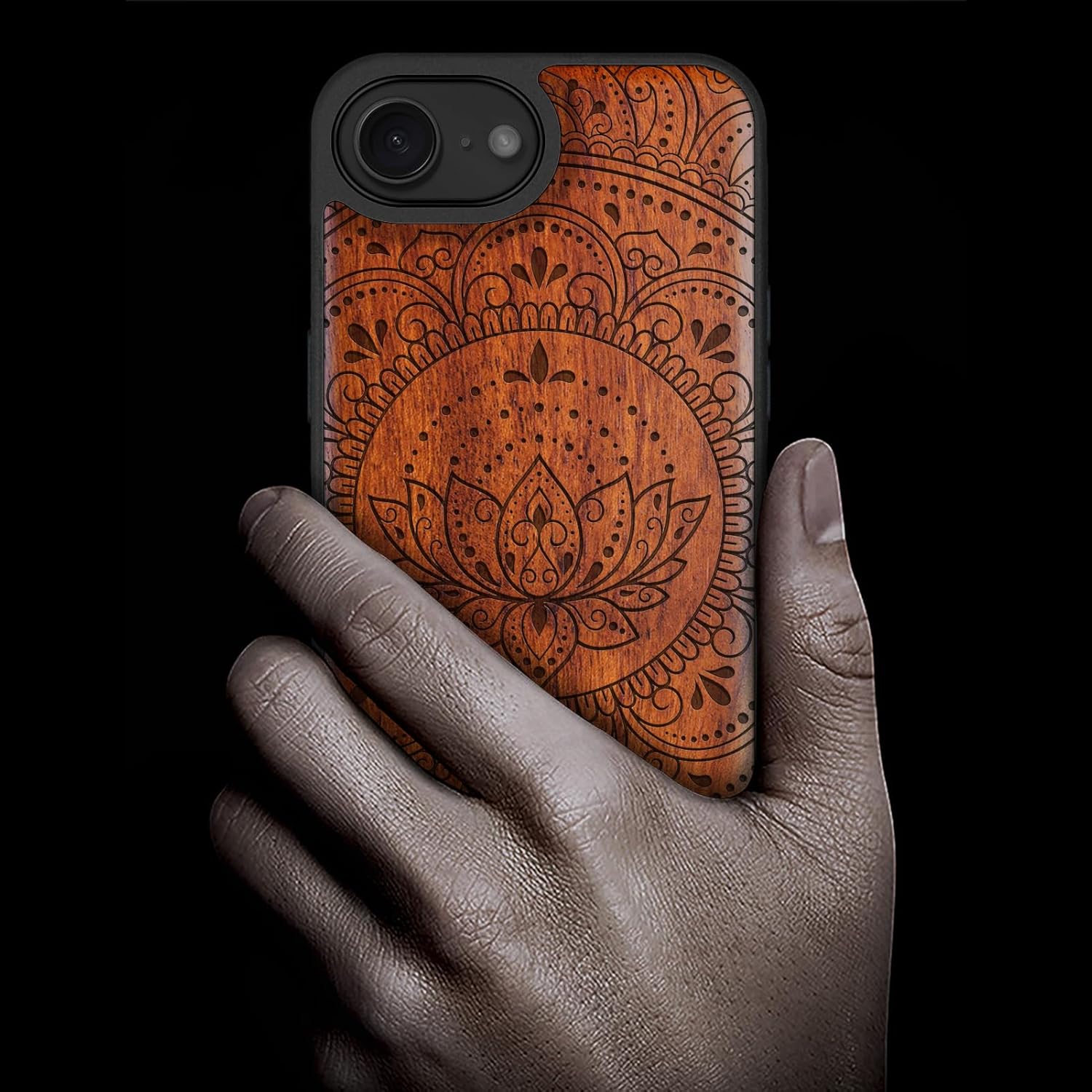 Carveit Magnetic Wooden Case for iPhone 16e / 17e, Solid Wood & Black TPU, Artisan Engraved Design, Shockproof Cover, Compatible with MagSafe Wireless Chargers, Lotus Mandala Essence - Rosy