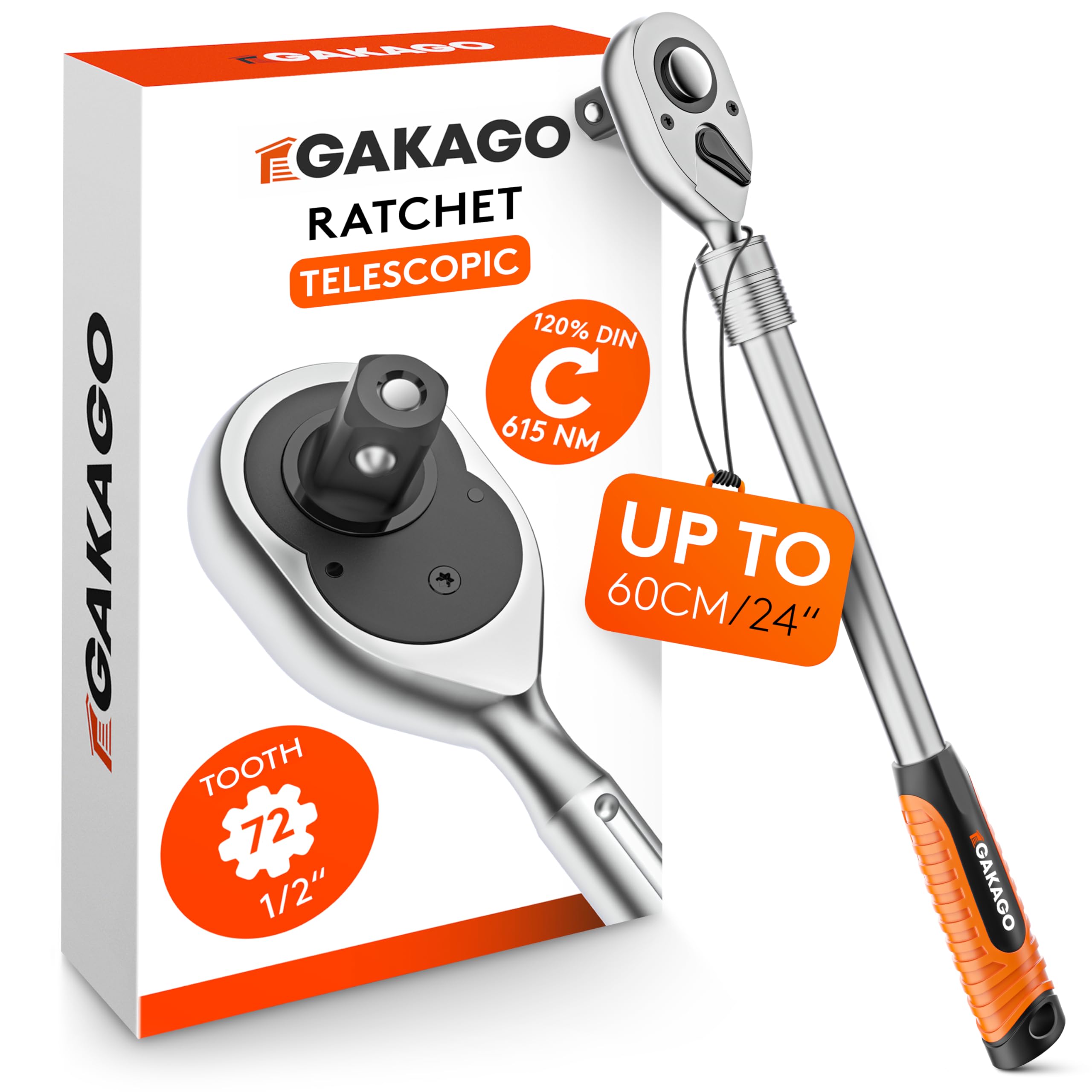 Gakago Telescopic Ratchet 1/2 inch up to 60 cm / 24 inch - Extra Long Reversible Ratchet with Ergonomic Handle - Superior Power with Over 615 Nm and Precise 72 fine-Tooth Gears — image 1
