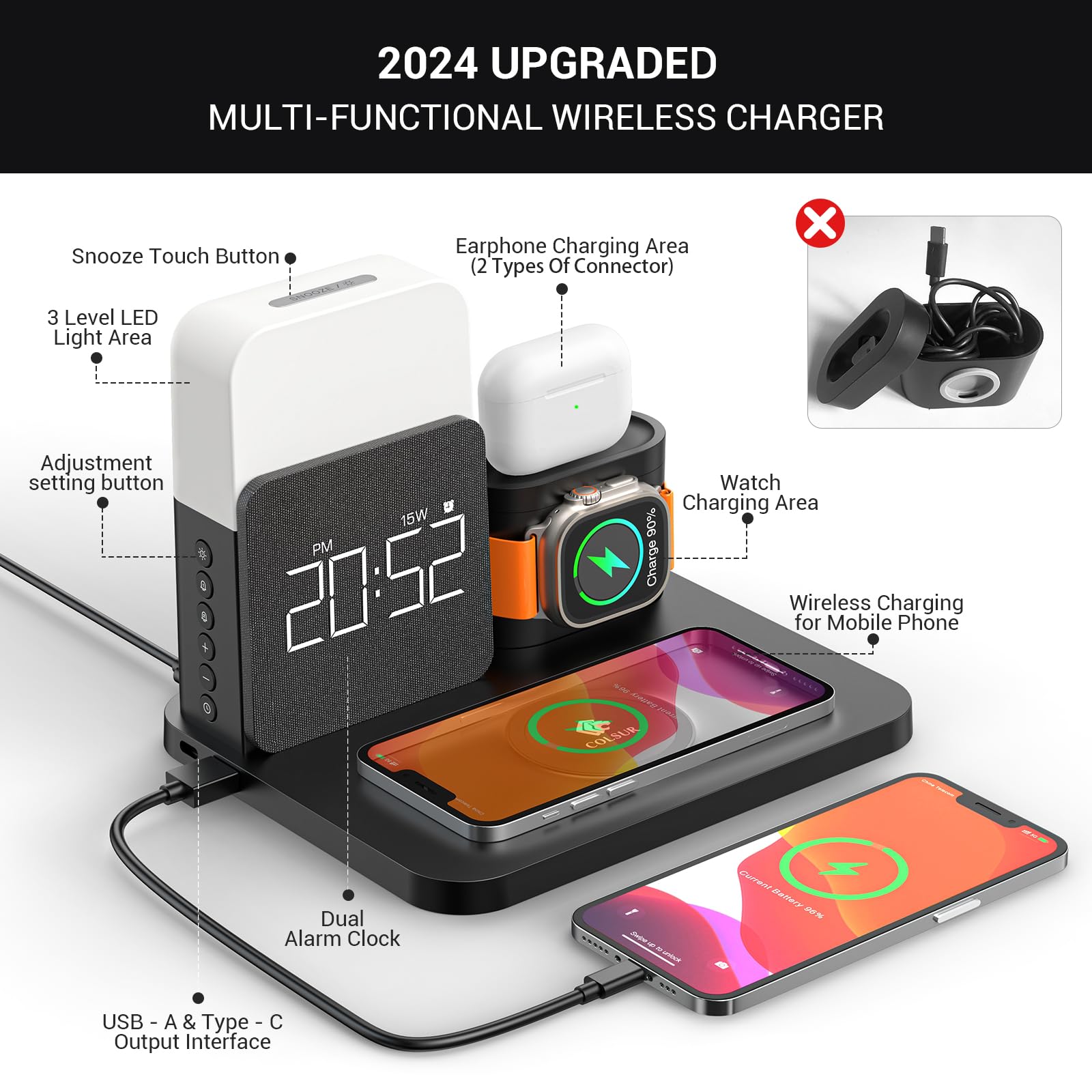 3 in 1 Charging Station for iPhone, Alarm Clock, Night Light, Wireless Charger for iPhone 15 14 13 12 11 X Pro Max & Apple Watch - Charging Stand Dock for AirPods