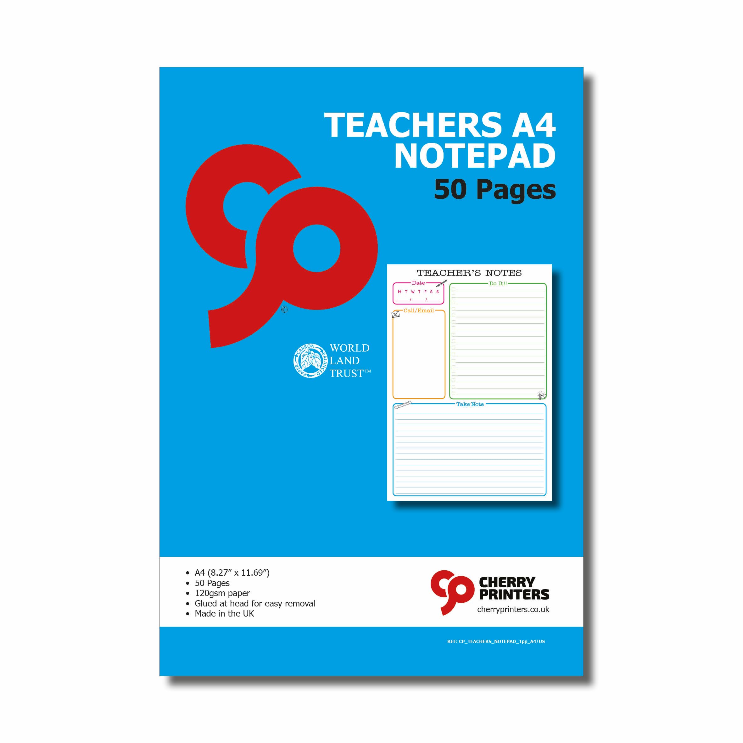 Cherry Teachers A4 Notepad 50 Pages 120gsm Paper Glued at Head for Easy Removal Perfect for Notes To-Do