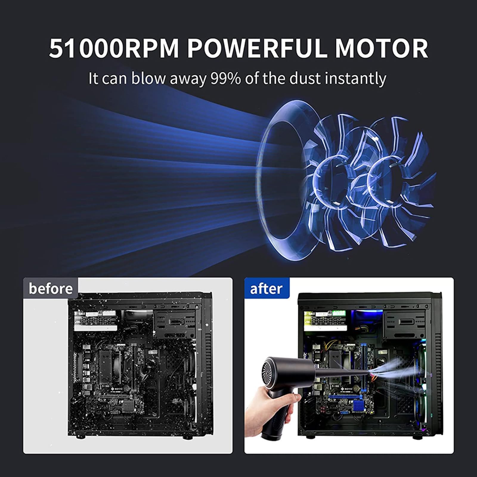Tastiera del computer PC Auto Aria compressa Spolverino 6000mAh Batteria 51000 RPM Soffiatore cordless portatile