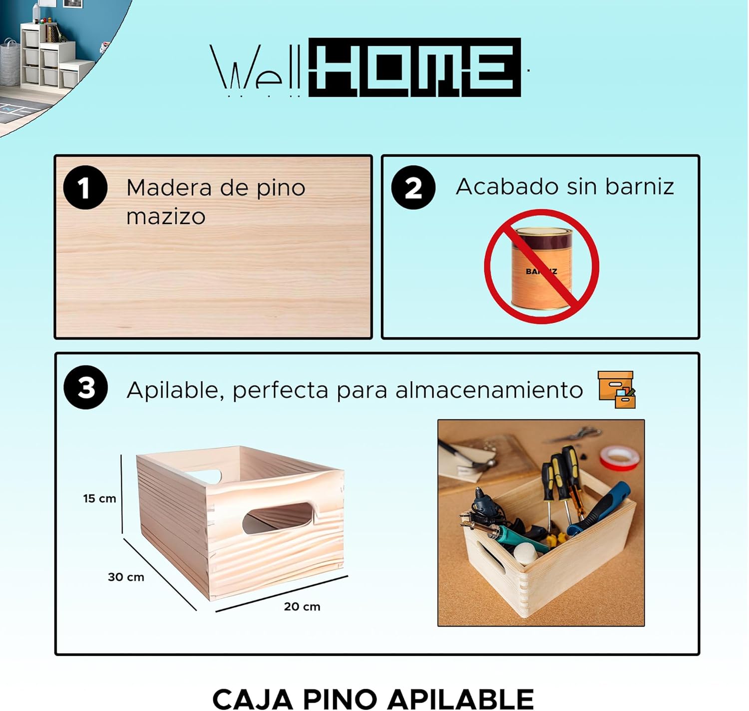 WELL HOME - Solid Pine Stackable Storage Box 30x20x15cm