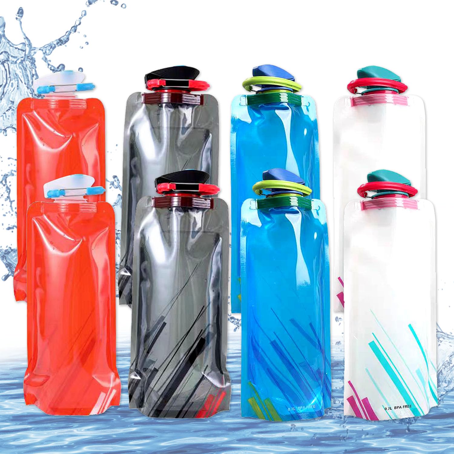 Foldable Water Bottle, 700 ml Flexible Collapsible Water Bottles, Reusable Water Bottles, Portable Collapsible Water Bag for Hiking, Adventure, Travel, Unisex, Adult (Pack of 8)-image-27