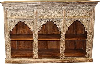 Mogul Interior Ivory White Wood Arched Book Shelf Vintage Storage Indian Antique Bookcase