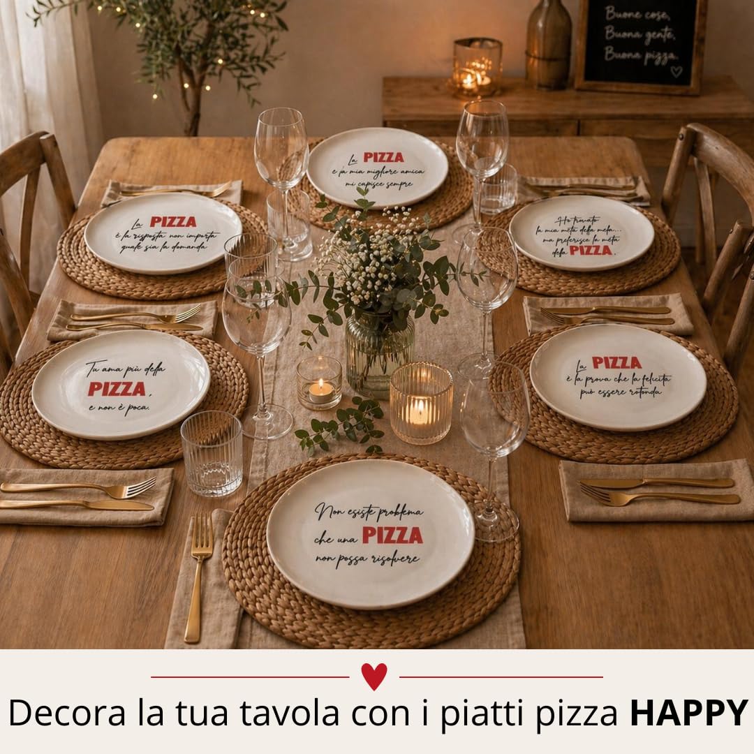 Tata Home Set 6 Piatti per Pizza Grandi con Decorazioni Scritte e Frasi Moderni in Porcellana Mod. Happy Shabby