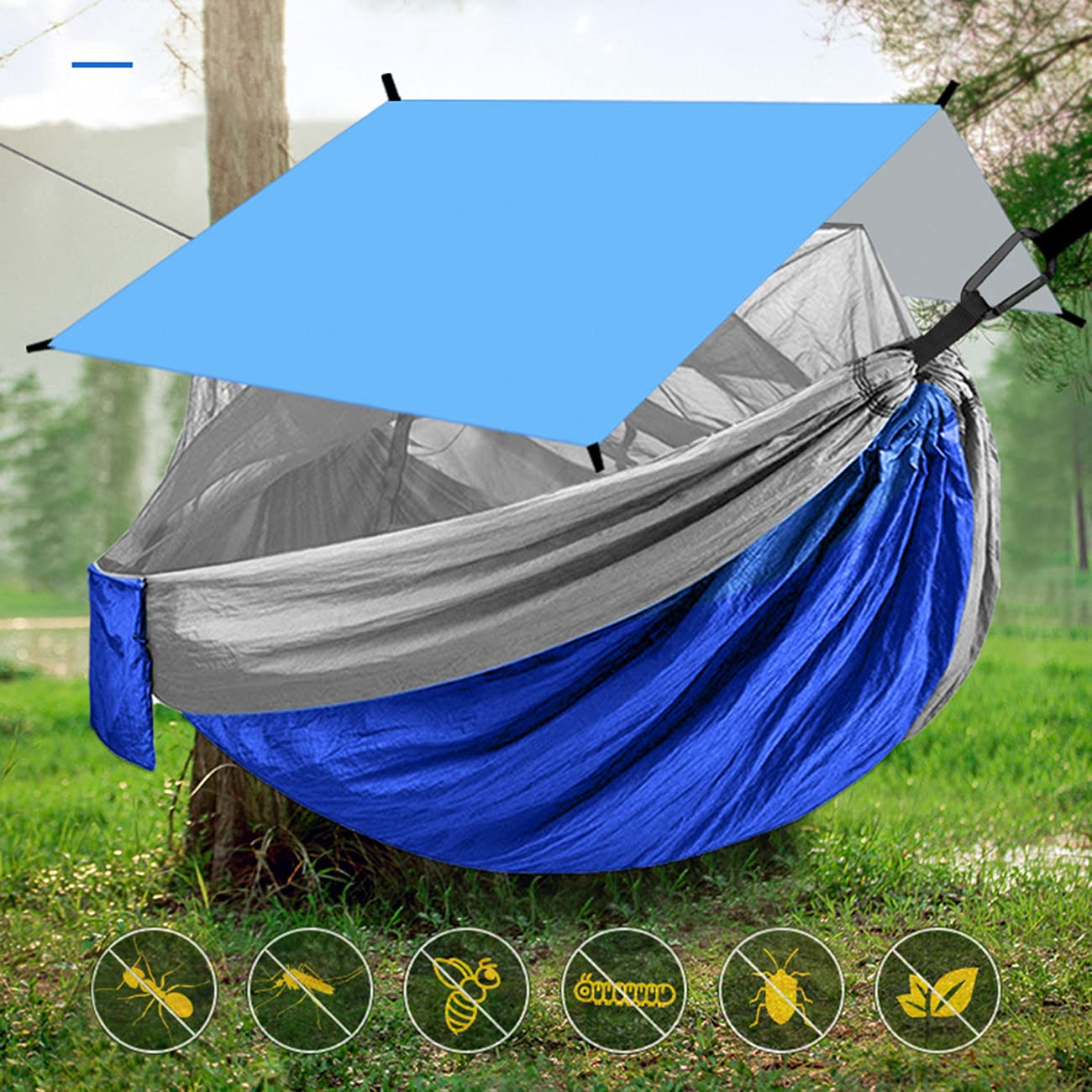 Hamac en Nylon léger de 260 x 140 cm, hamac de Camping avec moustiquaire et bâche Anti-Pluie, capacité de Charge de 200 kg, hamac d'extérieur pour randonnée, Jardin, Voyage,A