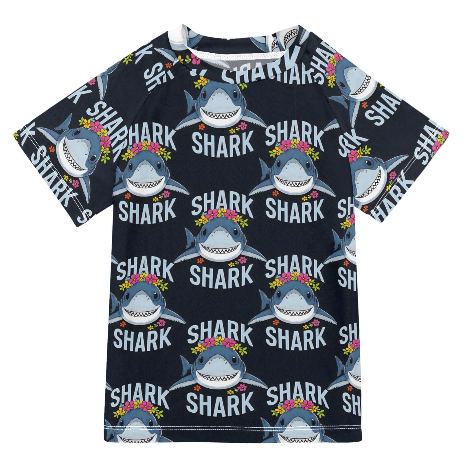 ALAZA Boys Rash Guard Swimming Shirt for Boys Short Sleeve Shark Garlands UPF 50+ 5-6T