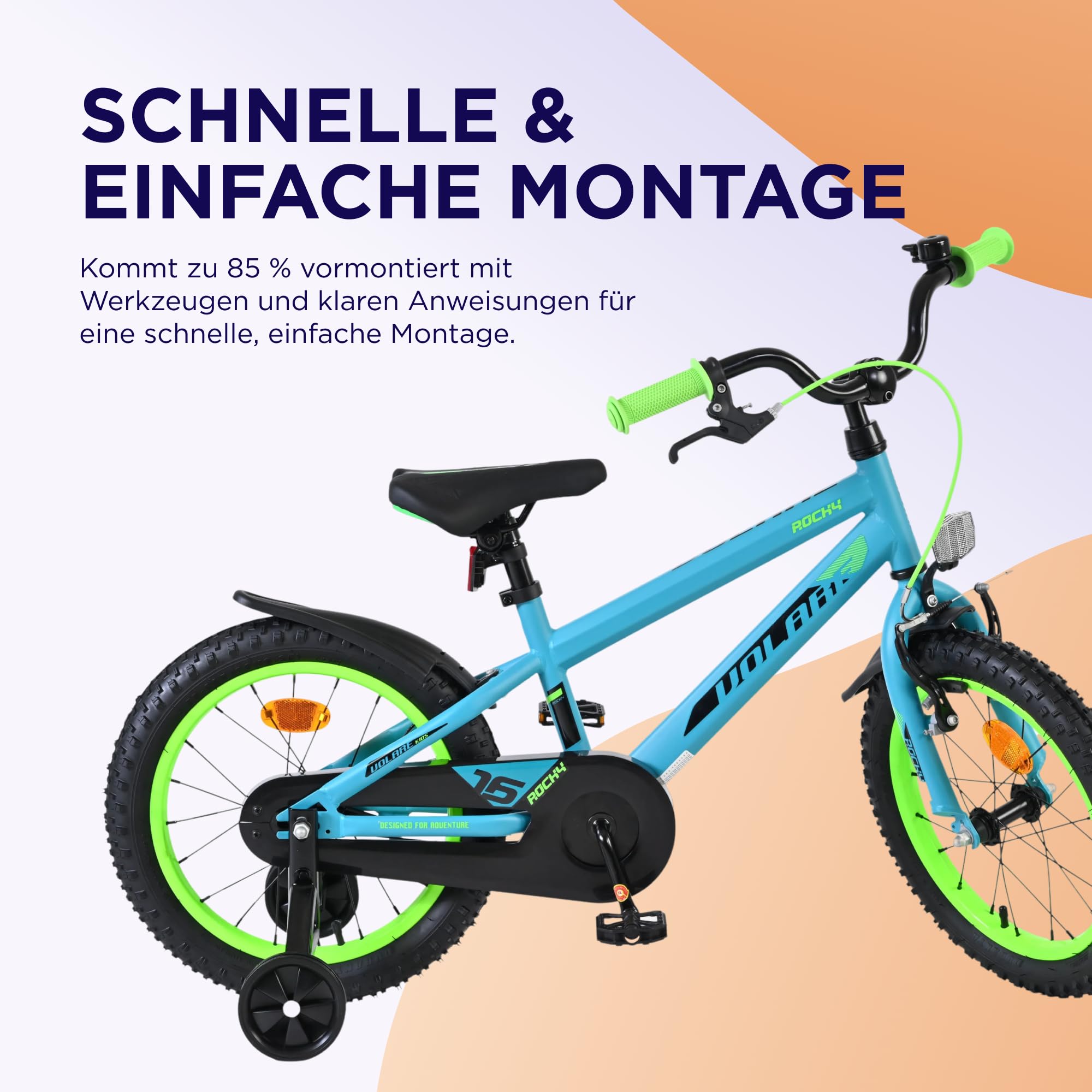 Volare Rocky Kinderfahrrad grün 16 Zoll | 4–6 Jahre | Hand- & Rücktrittbremse | Stützräder | Kettenschutz | Verstellbarer Sattel | Geschenk für Mädchen & Jungen