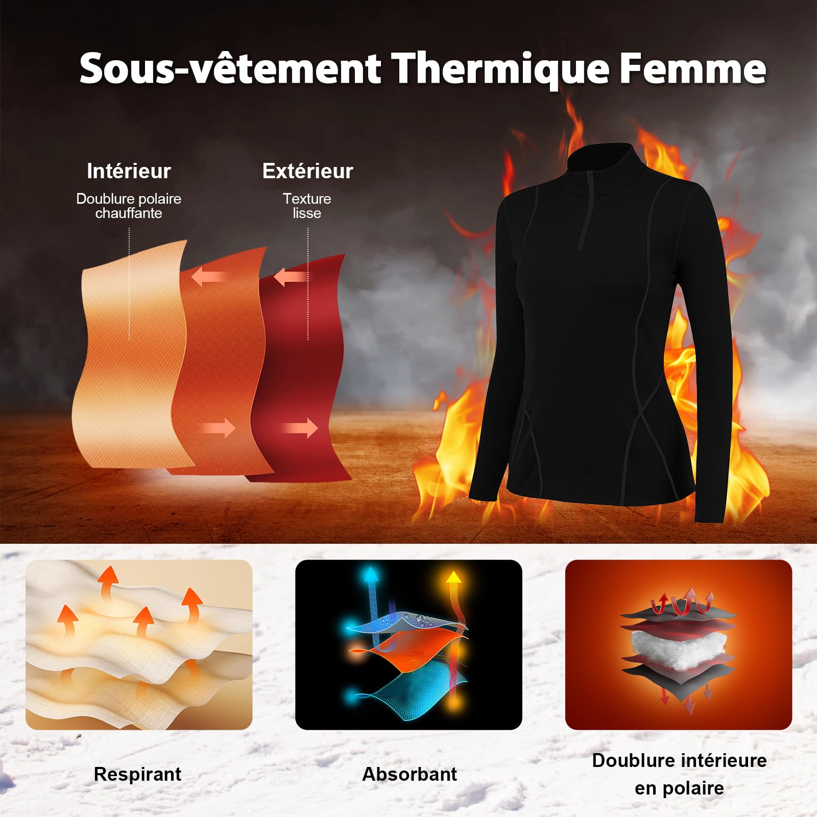 sous Vetement Thermique Femme Doublure Polaire Ensemble Chauds Femme avec Col Montant Coupe-Vent, Fonctionnel Manches Longues Chaud & LéGer Ski Hiver