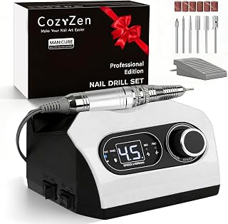 CozyZen Electric Nail Mill, Professional Nail Drill 45000RPM | With foot pedal, LED display, 6 sanding bits and variable speed for professional manicure, pedicure, gel and acrylic nails
