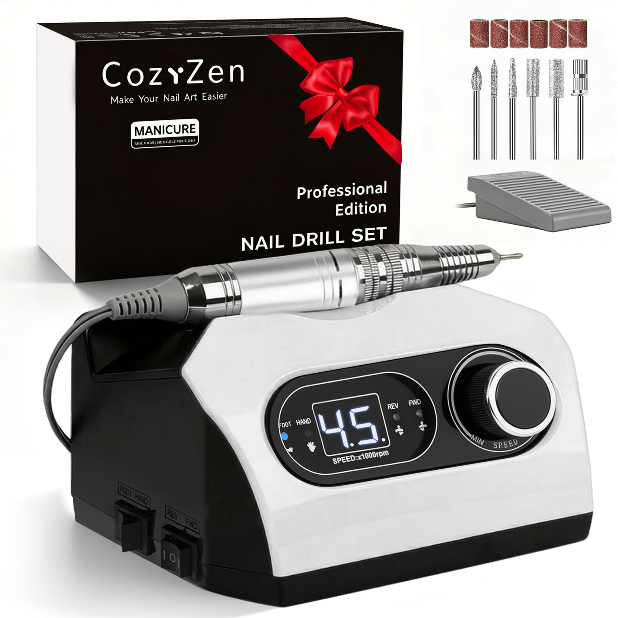 CozyZen Elektrische Nagelfeile, Profi Nagelfräse 35.000 U/min mit LED | Mit Fußpedal, 6 Aufsätzen und stufenloser Drehzahlregelung – Für Acryl-, Gelnägel sowie Maniküre und Pediküre