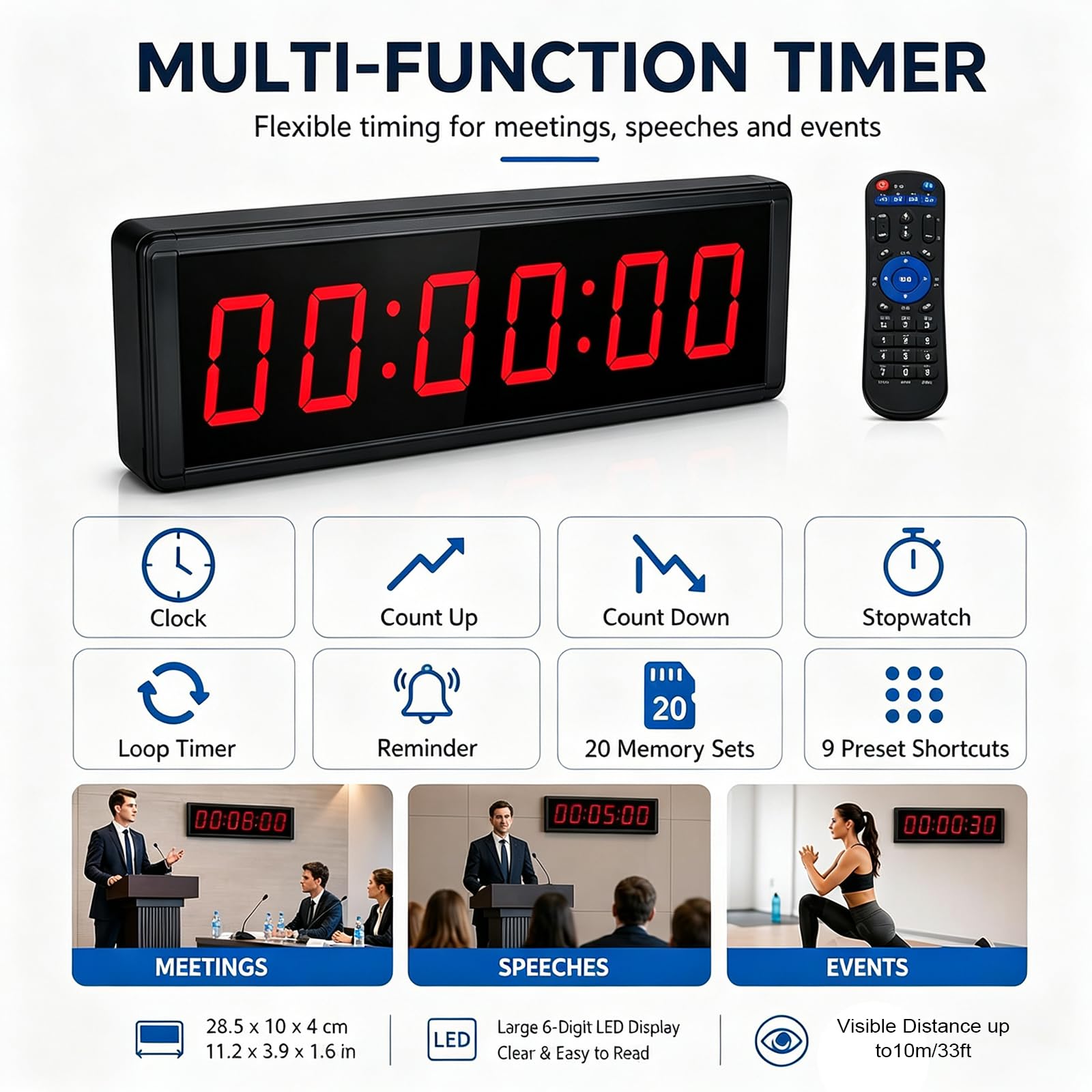 Reloj De Pared Digital con Temporizador, Pantalla De 3,8 Cm (1,5 Pulgadas) De Doble Cara, con Trípode Y Control Remoto. Funciones: Cronometraje Preciso, Ciclo, Cronómetro, Cuenta Regresiva Y