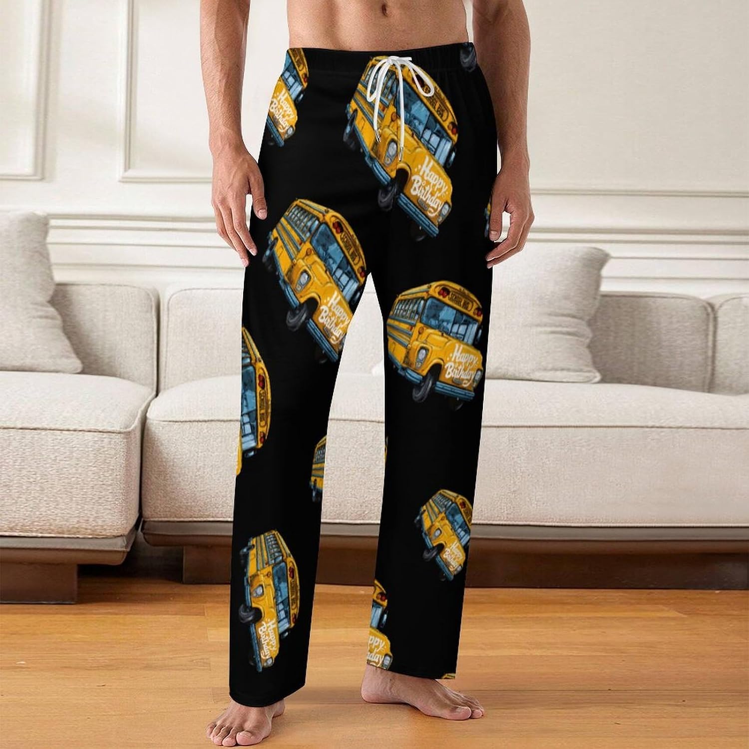 School Bus Happy Birthday Lounge Pajama Pants for Men Print Loungewear Bottoms Sleepwear Pj Sleep Pant 5X-Large