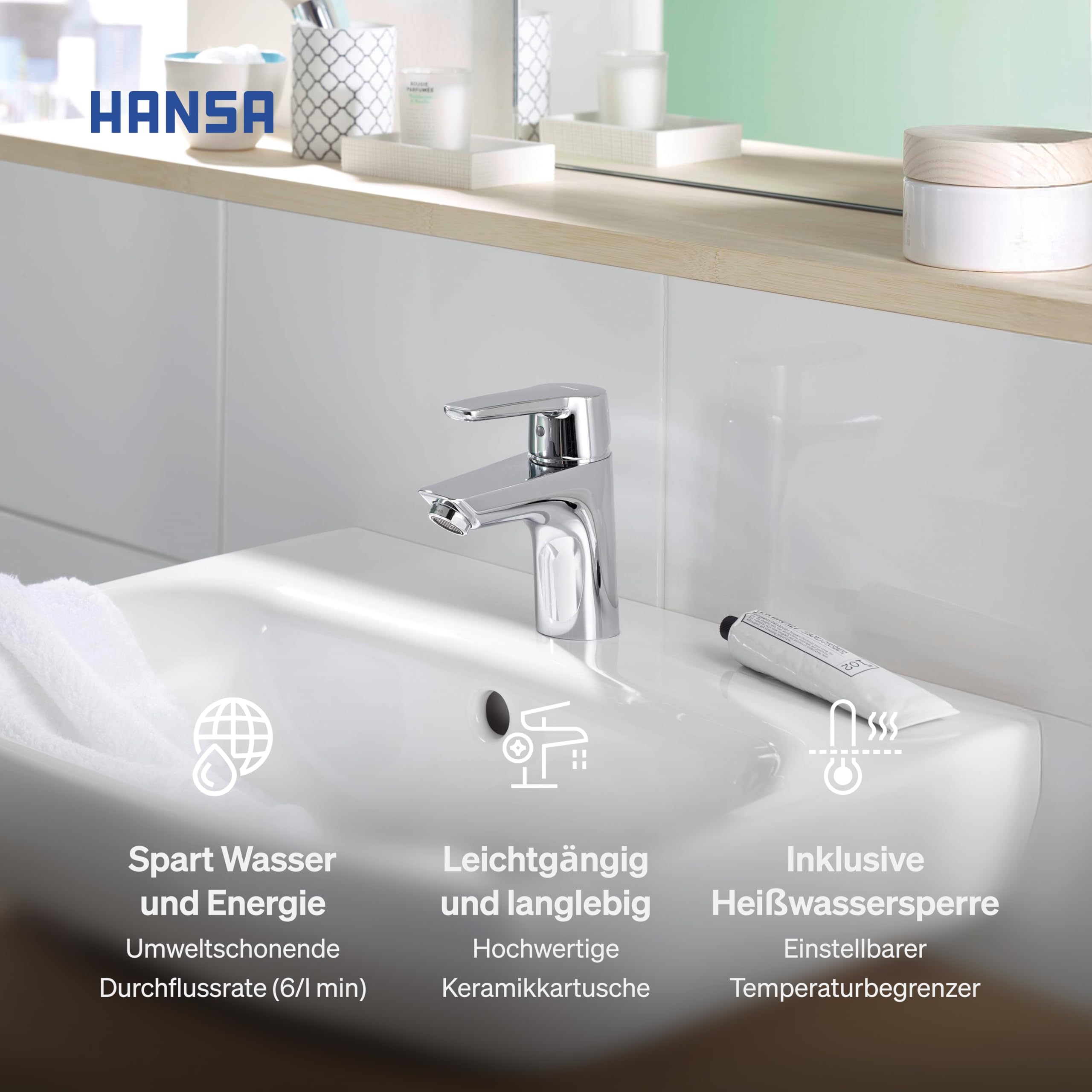 HANSA POLO Waschtischarmatur I Wasserhahn Badezimmer mit Temperatur & Wassermengenbegrenzer | Mischbatterie Bad aus Messing | Inkl. Ablaufgarnitur mit Zugstange | Einhebelmischer Waschbecken | Chrom