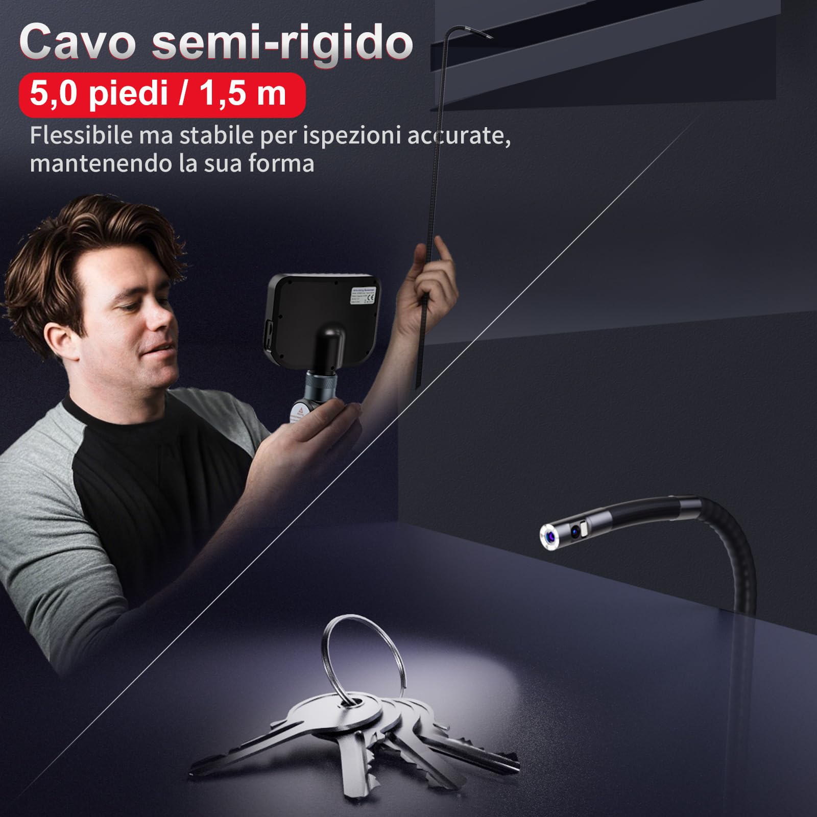 Ralcam Telecamera Endoscopica con Luce, Borescopio Doppio 6,5 mm con Testa Mobile 180°, Schermo HD IPS da 5", Telecamera di Ispezione Impermeabile IP67 con Cavo Semirigido da 1,5 m