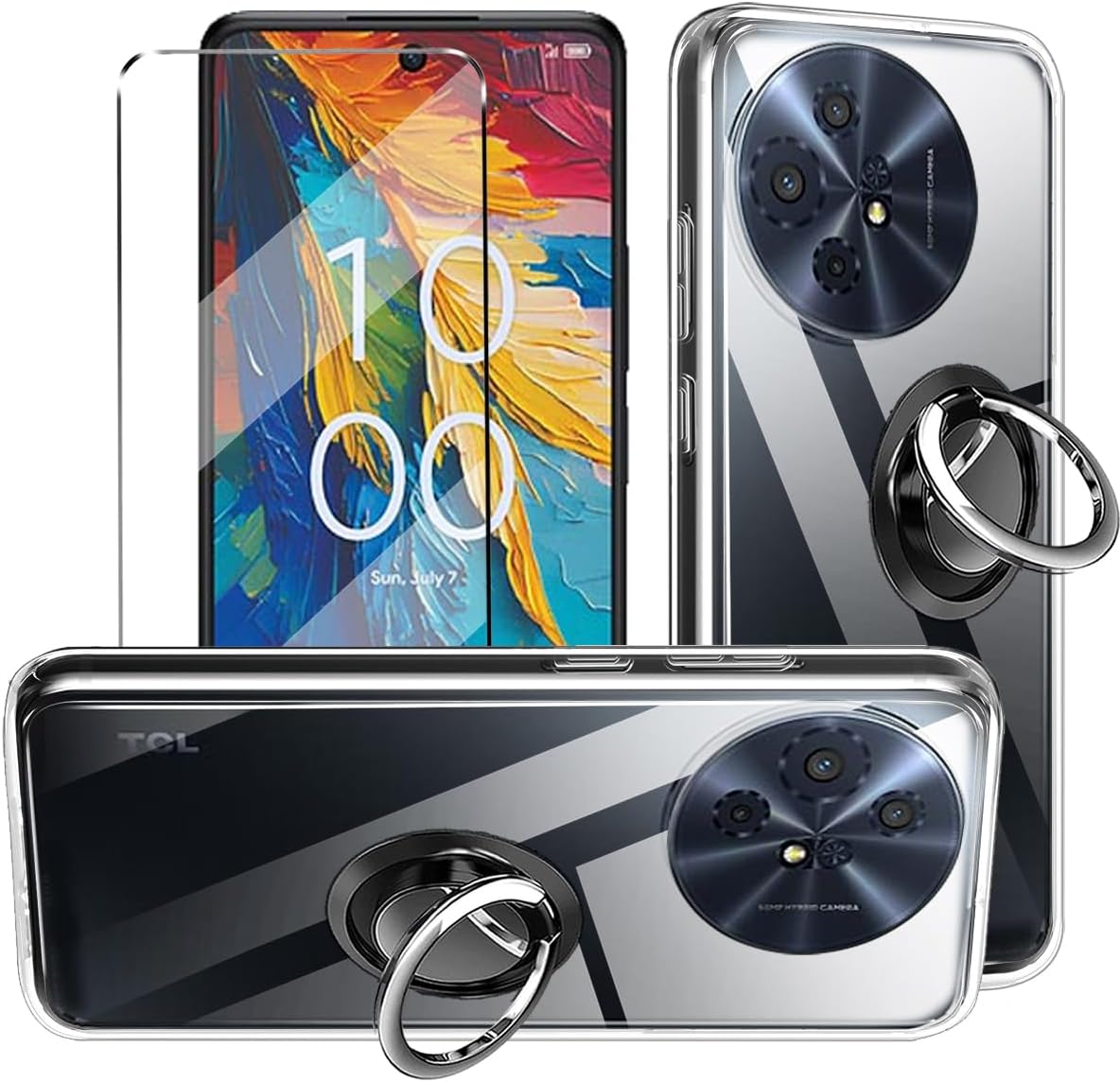 3-in-1 Case + Phone holder Ring Compatible with TCL 50 Pro NXTPAPER 5G Cover with 1 Pack Tempered Glass Screen Protector, Slim Fit Soft TPU Shockproof Anti-Scratch Phone Case - Clear