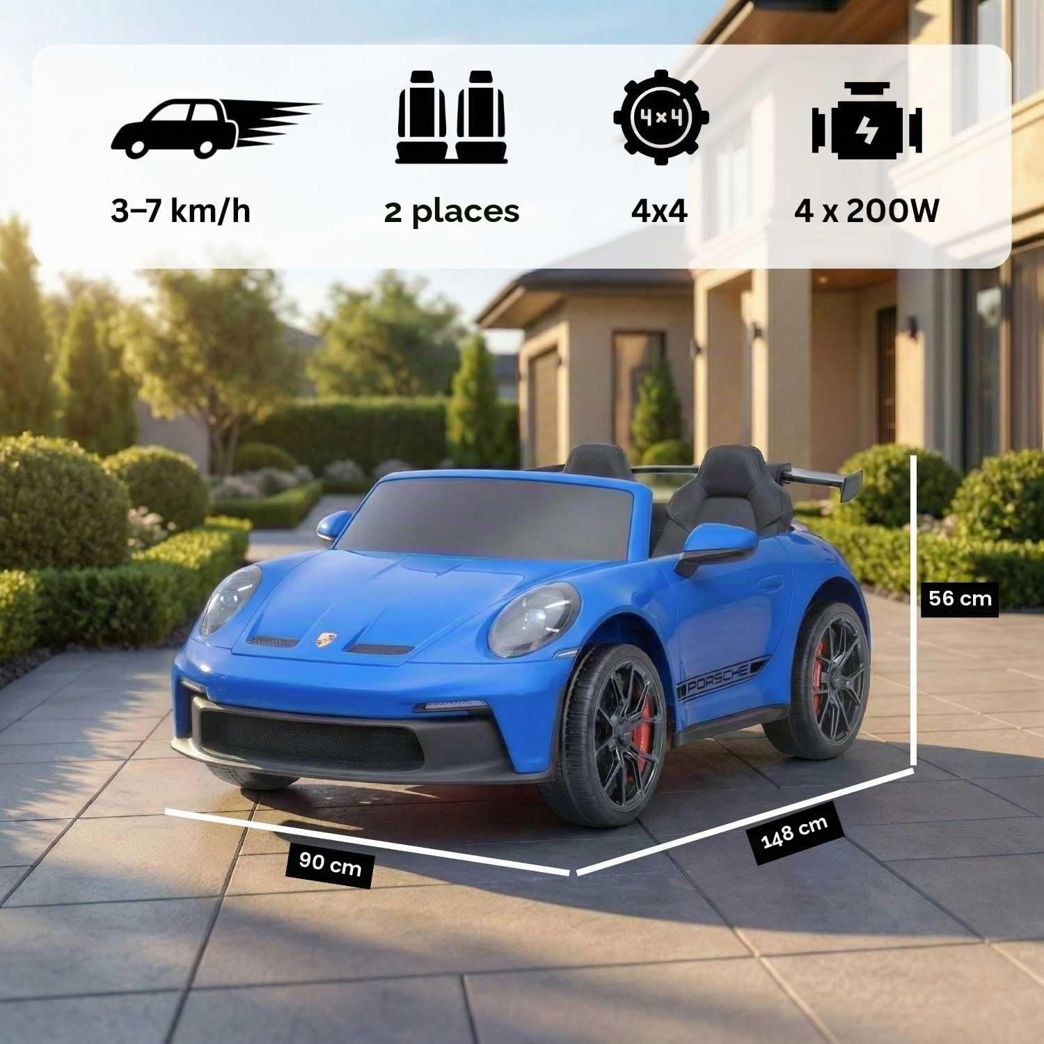 Porsche 911 GT3 Voiture électrique Enfants 24V 2 Places 4x4 Bleuw, 4 x 200W Moteurs, Batterie Lithium, télécommande parentale 2,4 GHz, Suspension, USB/AUX, phares LED, Licence Officielle