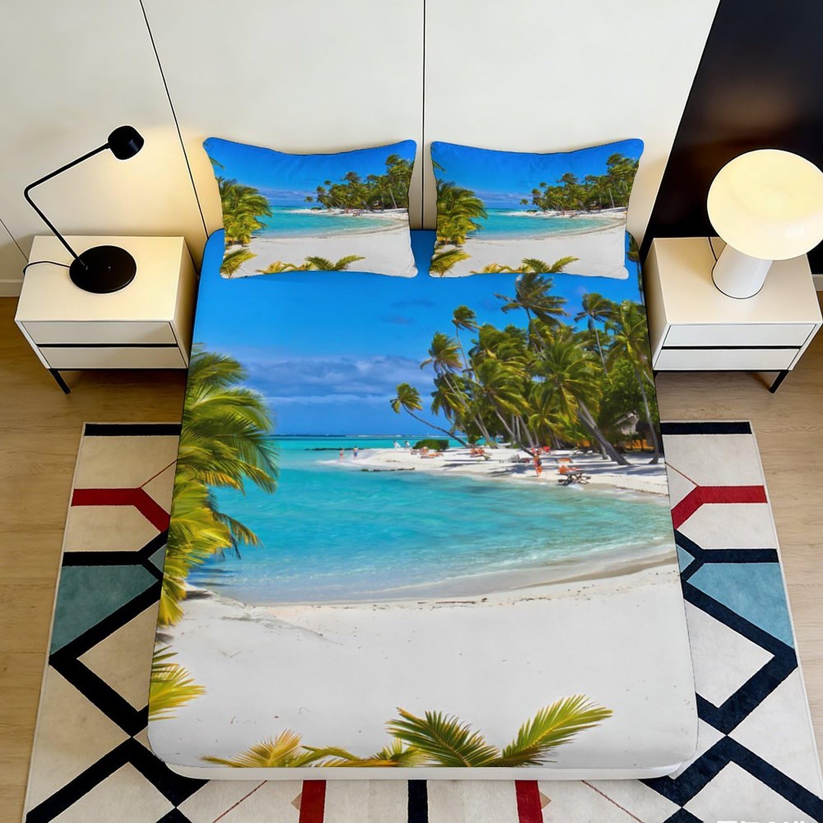 Jqzkxnhpbr Style-3 3D Printed Tropical Beach Fitted Sheet Microfiber Soft Blue Ocean Palm Island Mattress Cover For Bedroom Guest Room 90X200x25cm