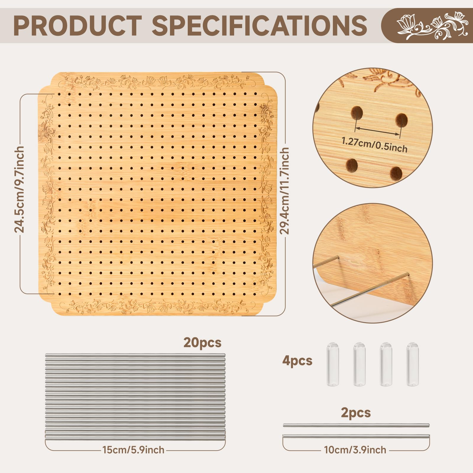 Crochet Blocking Board with Tulips Pattern, 22 Pins/Pegs, Blocking Board for Crocheting Knitting, Bamboo Granny Square Blocking Boards for Crochet Projects, Crocheting Accessories Gifts