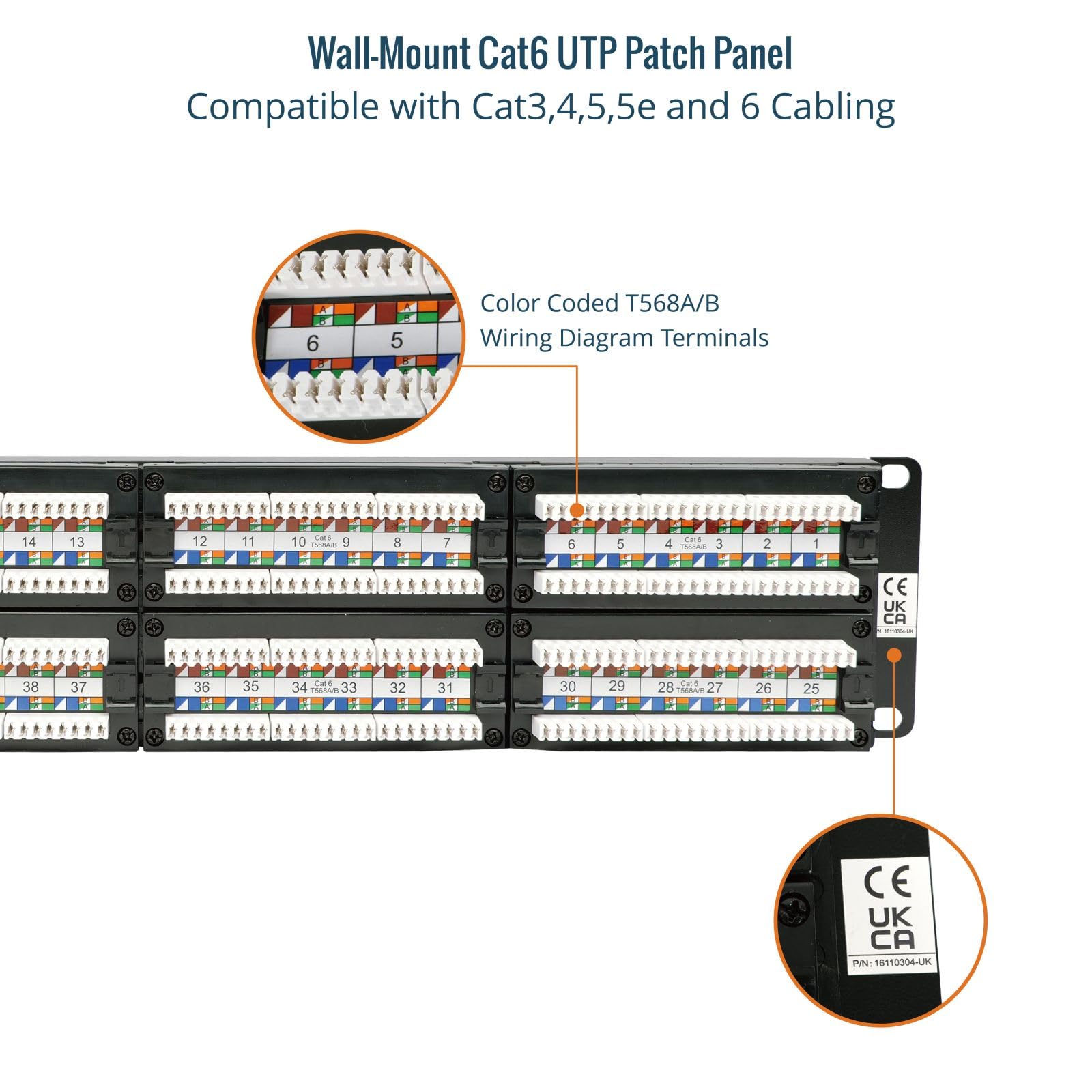 Tecmojo Pannello patch Cat6 a 48 porte, Pannello patch di rete da 19 '' per switch di rete, rack per server e armadi di rete da 19", supporto 10G, montaggio su rack, con gestione dei cavi