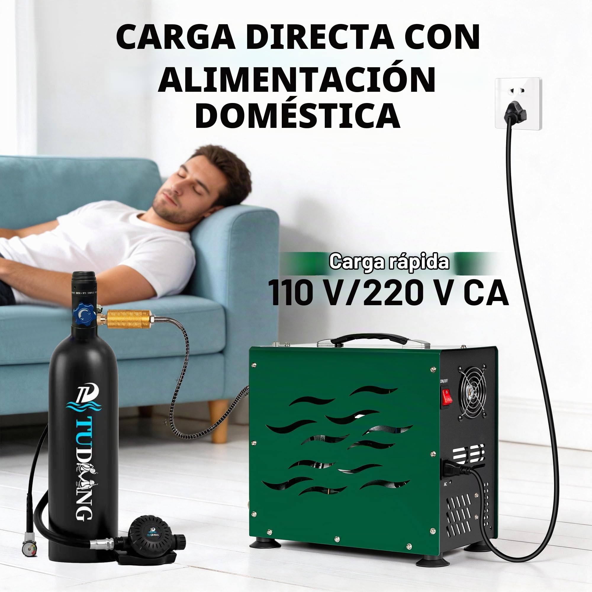 TUDIVING Compresor de buceo de 4500 psi, accionamiento de doble cilindro de 800 W, parada automática, inflado rápido, ventilador integrado, compresor para paintball, rifle de aire, tanque de buceo