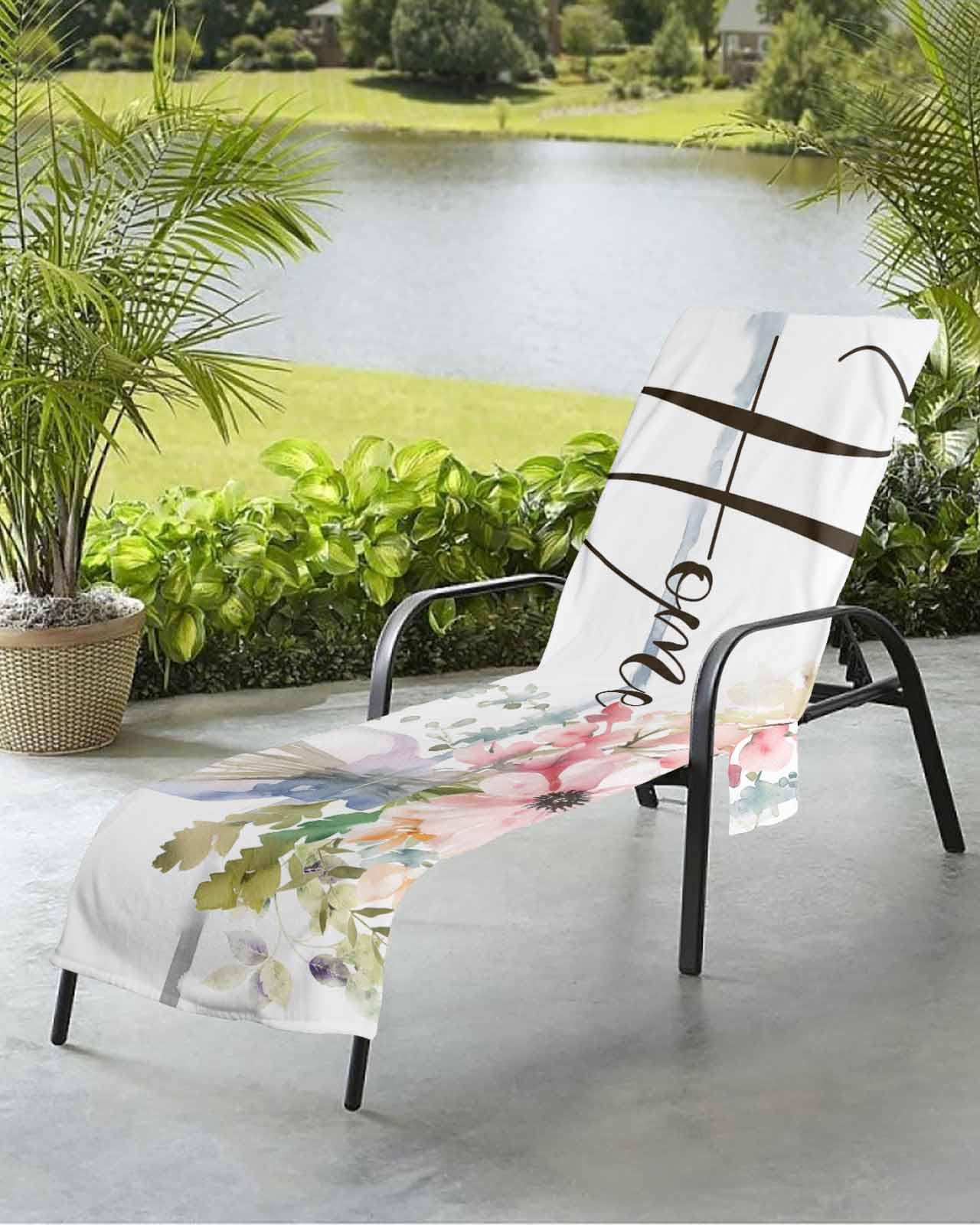 Beach Pool Patio Lounge Chaise Chair Cover Towel With Pockets, Floral Spring Absorbent & Quick Dry Microfiber Towel Cover Bag Summer Travel Accessories for Sunbathing Spring Summer Bottle Flower White