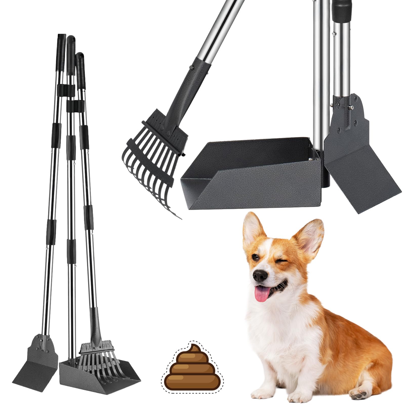 Anluomania 3-pak zbierania odchodów dla psów, zbieracz na odchody dla psów z grabiami, zbieranie odchodów dla psów z regulowanym długim uchwytem 97 cm, Dog Pooper Scooper do trawników, trawy