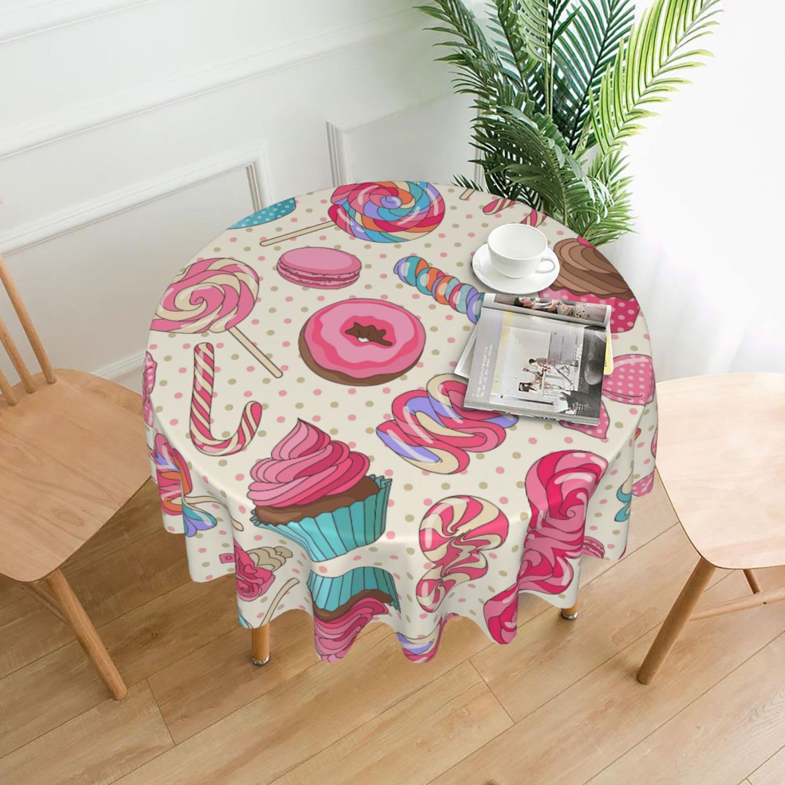 VCzsdff Sweet Lollipop Cupcake Print Stain Resistant Round Tablecloth 60in Family Friendly Polyester Cloth for Kids Meals