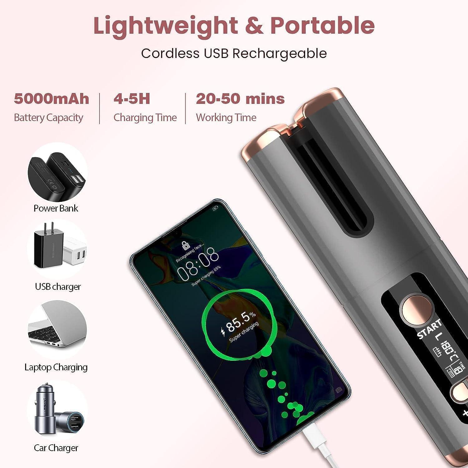 Fer a Boucler Cheveux Automatique Sans Fil Fer a Friser avec 6 Réglages de Température & Minuteur, Boucleur Céramique USB Rechargeable, Anti-brûlure, pour Cheveux Longs Courts