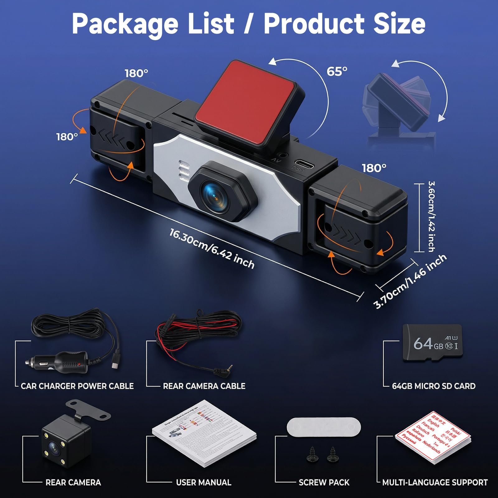 Hodozzy Cámara para Salpicadero 4 Canales, Pantalla 3,16 Pulgadas, 4 Cámaras Delantera, Trasera, Interior para Coche con Grabación en Bucle, Visión Nocturna Sensor G Modo Aparcamiento Tarjeta TF 64 G
