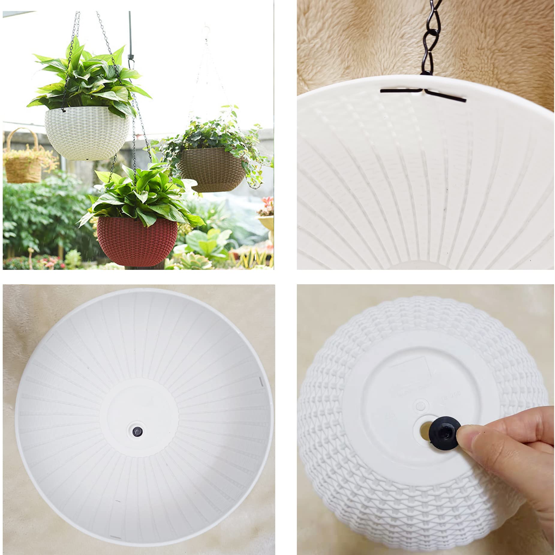 Pot de fleurs à suspendre en rotin plastique rond Résine Jardin Pot de fleurs à suspendre pour plantes d'intérieur ou extérieur, Lot de 2 Blanc blanc