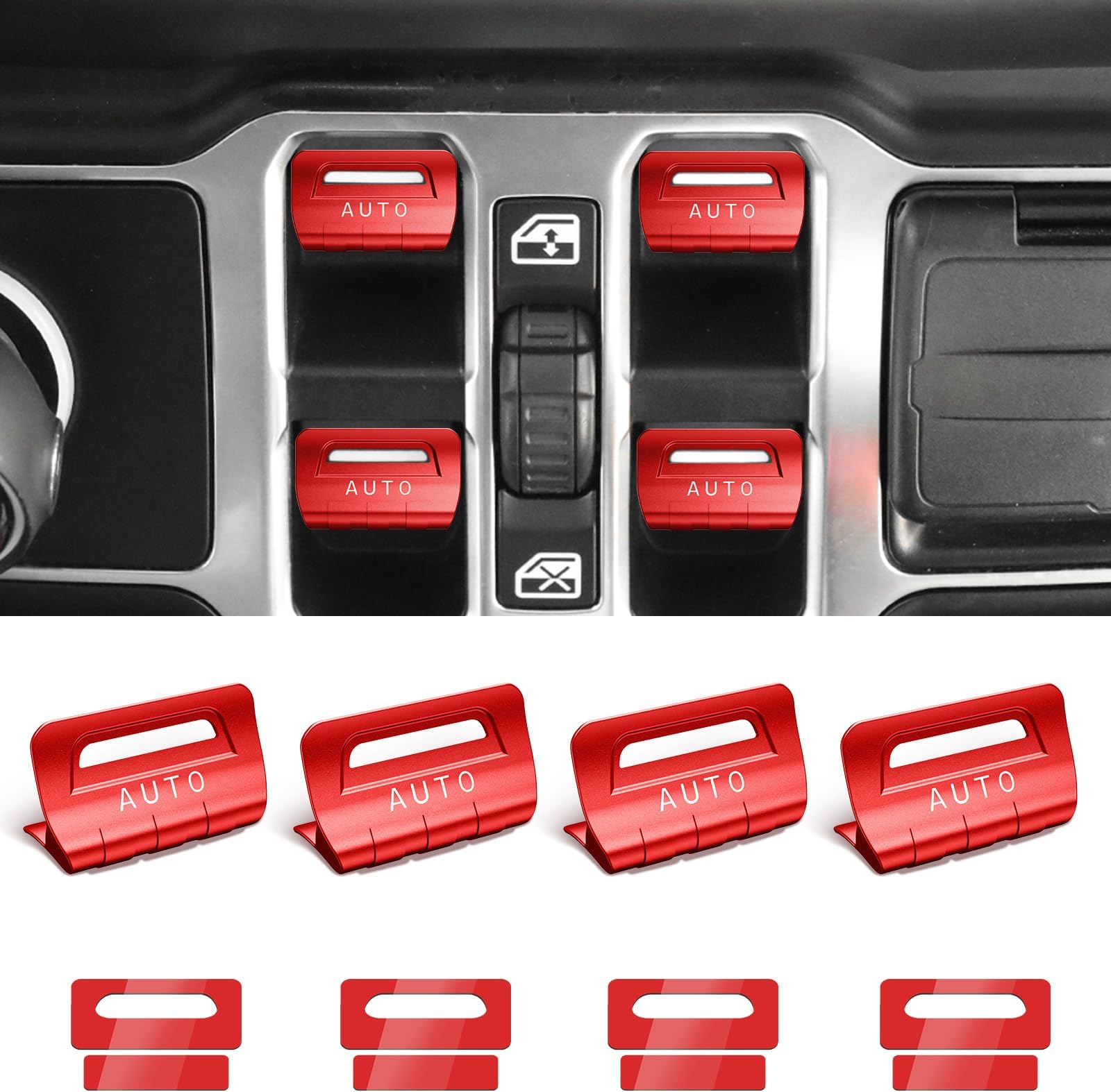 for Jeep 4 PCS Upgrade Metal Window Switch Button Cover Compatible with Jeep Wrangler JL JLU 2023 2022 2021 2020 2019 2018 & Gladiator JT 2020-2023 Interior Accessories (Red)