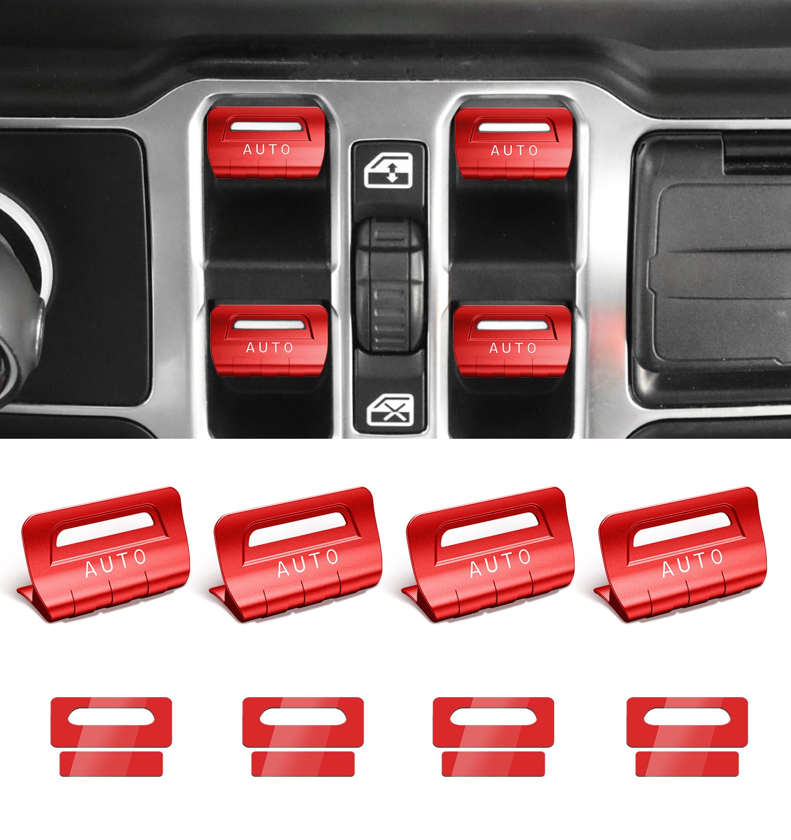 for Jeep 4 PCS Upgrade Metal Window Switch Button Cover Compatible with Jeep Wrangler JL JLU 2023 2022 2021 2020 2019 2018 & Gladiator JT 2020-2023 Interior Accessories (Red)