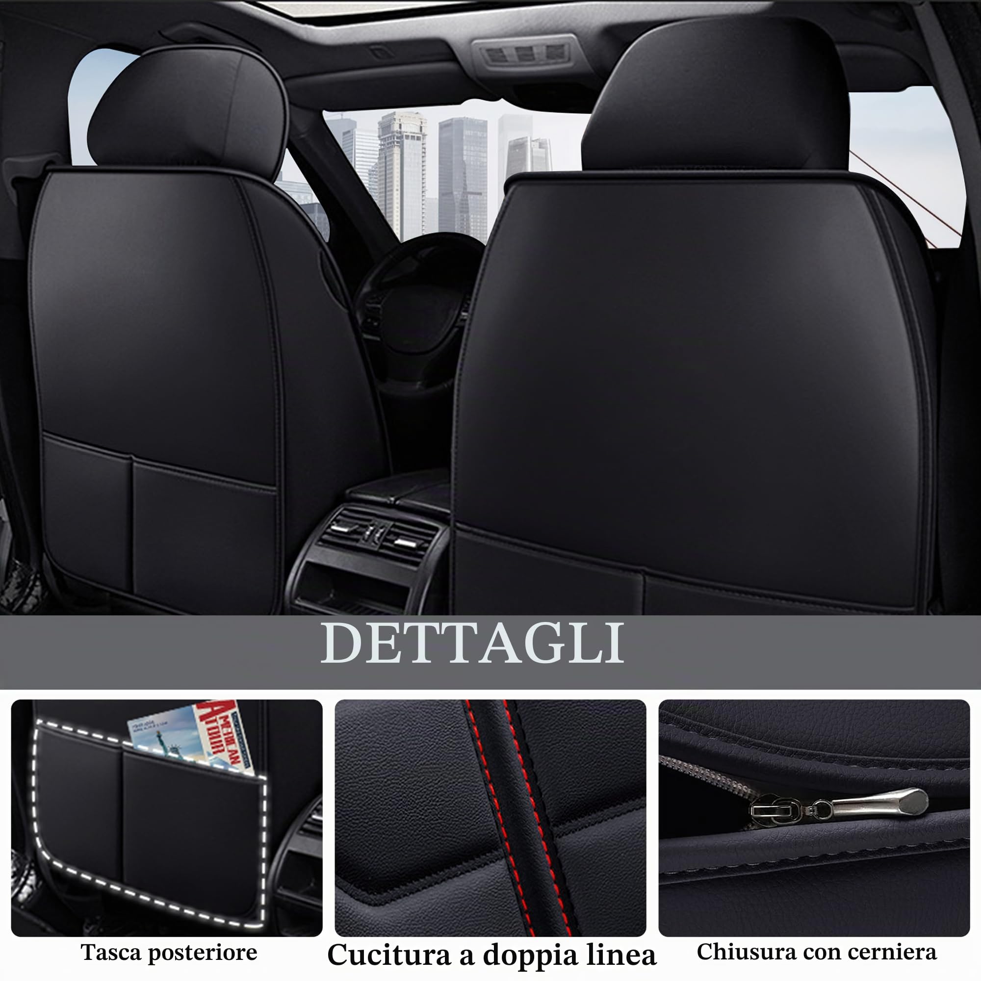 Coprisedili Auto Universale per Ford Transit Custom 2017 2018 2019-2023 2024 2025, Impermeabile，Traspirante in Pelle Resistente all'Usura,Cuscino Lombare(Black Red)