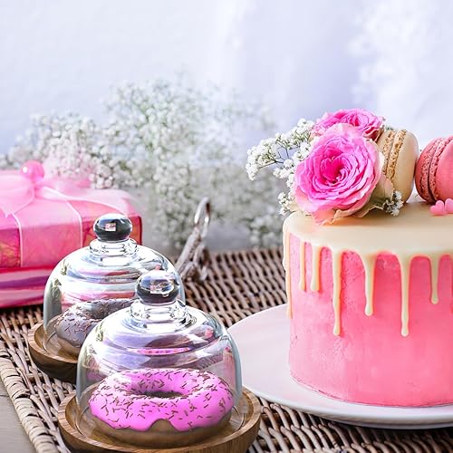 Vista 8 de Yardwe 2 Pack Mini Glass Dessert Dome with Wooden Base - 3.4 Inch Cake Stand with Clear Glass Cover for Cupcakes Pastries Candy Display