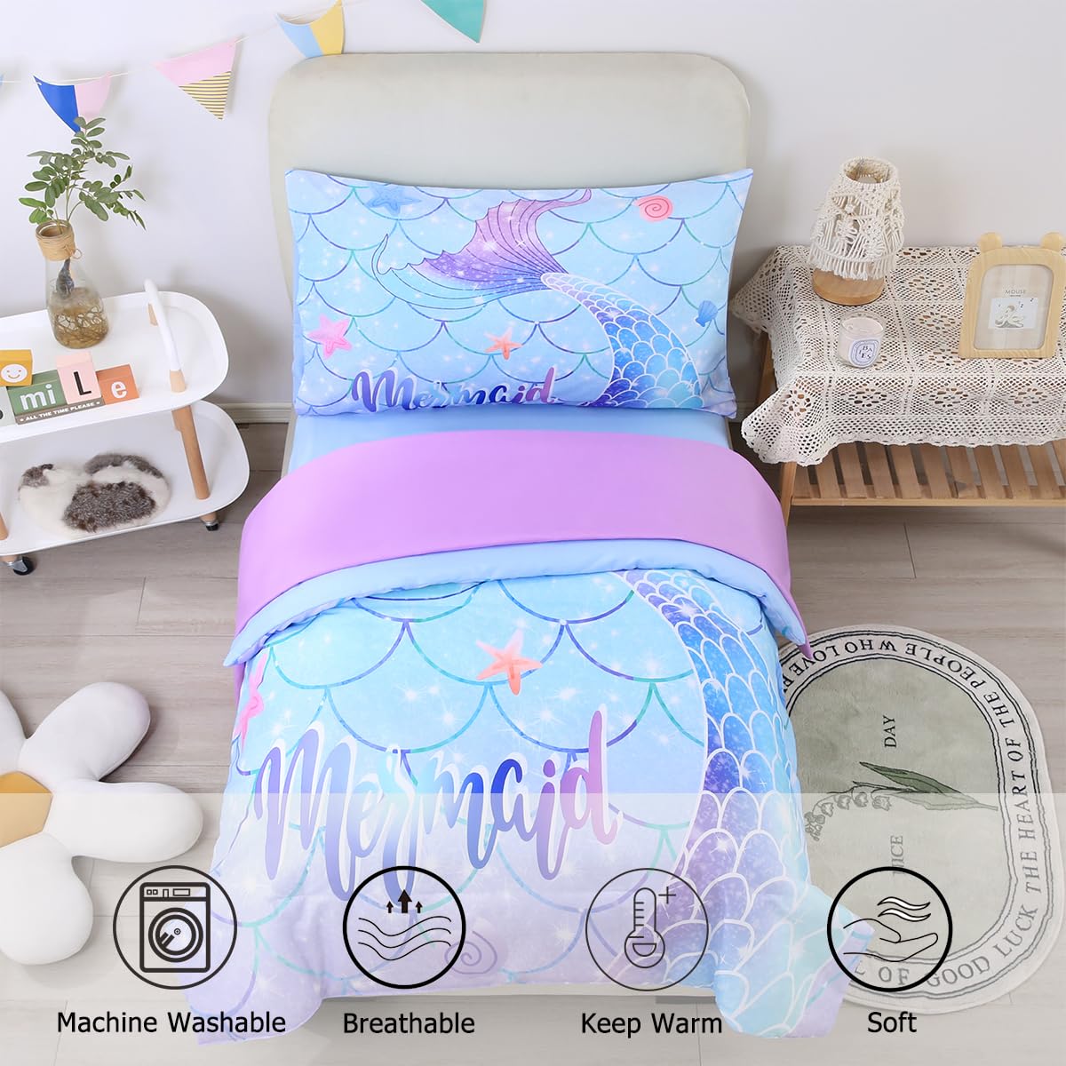 STYHO Blue Toddler Duvet Cover Set Colorful Mermaid Tail Printed Cot Bedding Set Soft Reversible Gradient Toddler Bedding Set(Blue Mermaid - Image 3