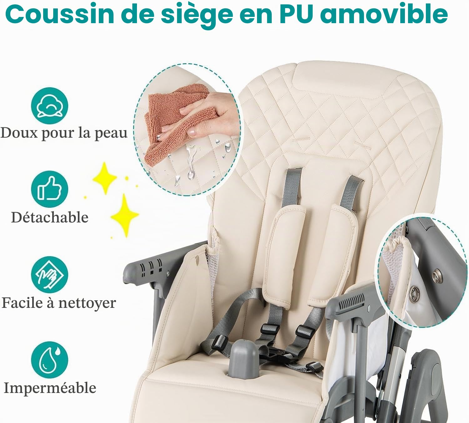 LIFEZEAL Chaise Haute Pliable Pour Bébés de 6 à 36 Mois Avec Siège Ajustable 5 Hauteurs 2 Positions Inclinées Plateau à 3 Niveaux Portable Fauteuil Pliée Avec 2 Roues (Couleur beige)