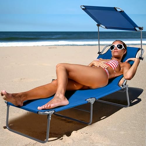 Miniatura 2 de Giantex Silla bronceadora, tumbona de patio con 5 posiciones ajustables, toldo de sombra, bolsillo de almacenamiento, cuna de campamento, sillón