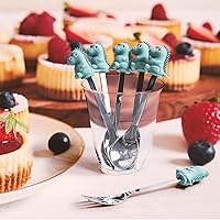 Vista 2 de Cucharas y tenedores para aperitivos, 6 piezas, dinosaurio, acero inoxidable y silicona, pequeñas cucharas de cóctel y tenedores para frutas, queso