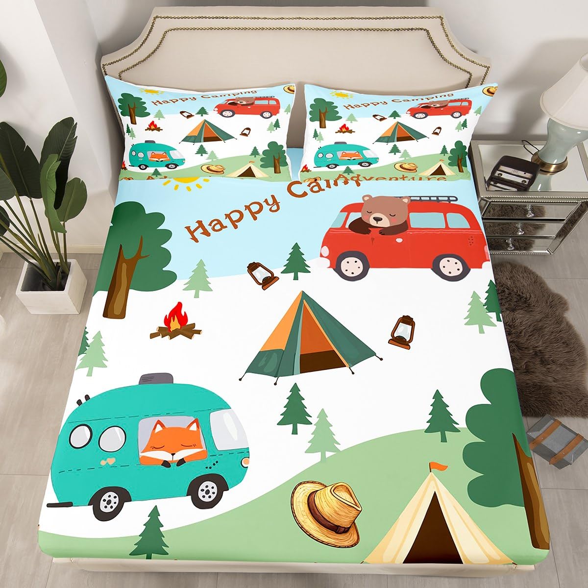 Cartoon Camper Fitted Sheet Twin Size,Cute Bear Fox Animal Trees Plant Mattress Protector with 1 Pillowcase,Happy Camping Red RV Trailer Elastic Deep Pocket Kids Bed Cover (No Top Sheet)