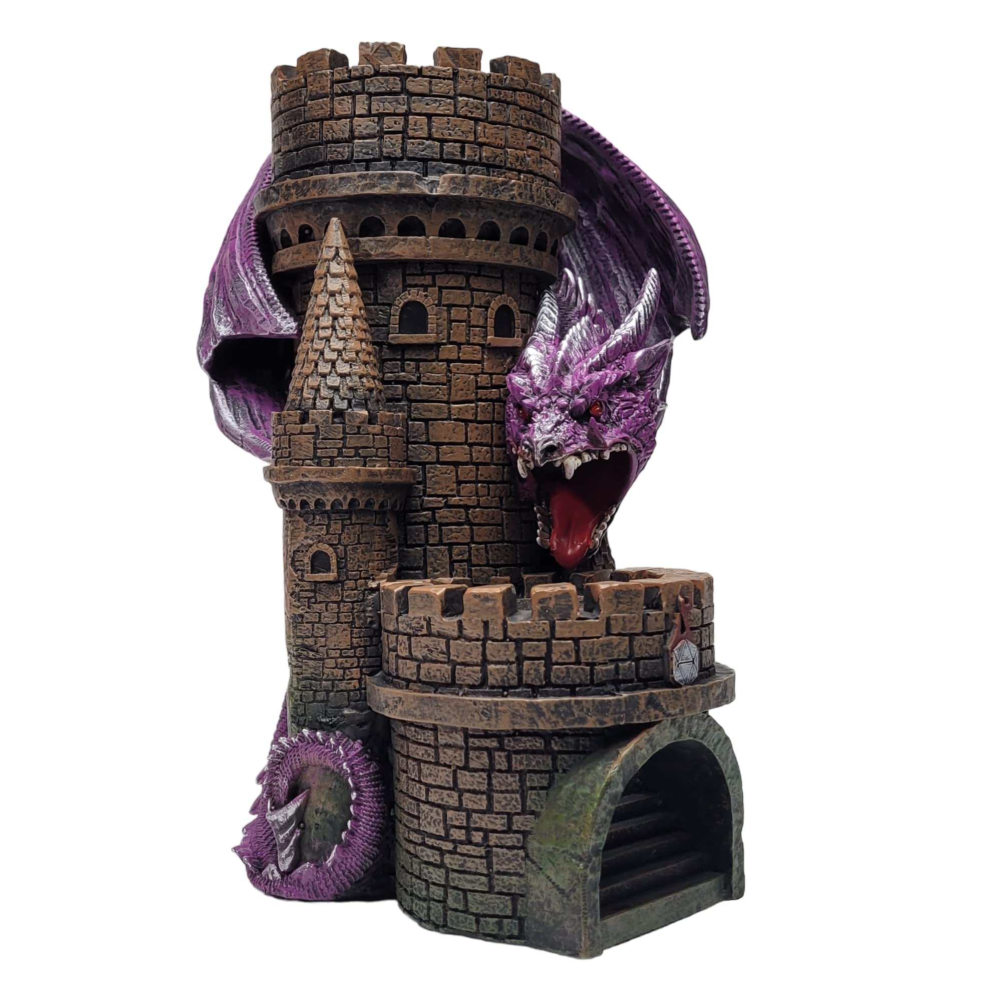 Forged Dice Co. Dragons Keep Castle Dice Tower - Heavy Duty Resin and Hand-Painted with LED Color Changing Lights - Dungeon Compatible Dice Rolling Tower for DND and Tabletop Games - Purple Dragon