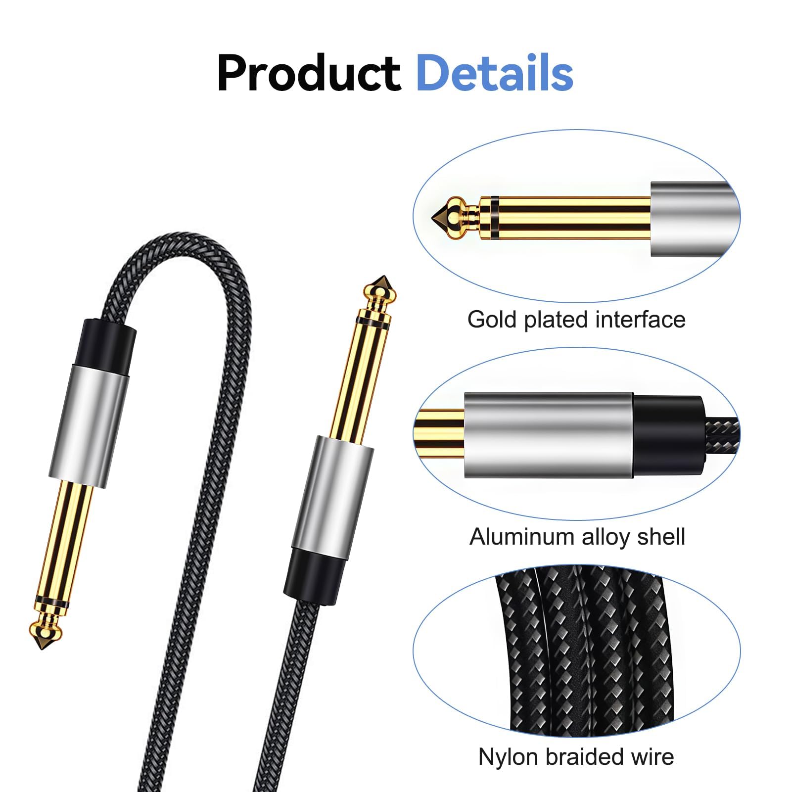 2 Pack Guitar Cables, 1/4 Inch Instrument Cable With 6.35mm Straight Ts Jack - Image 2