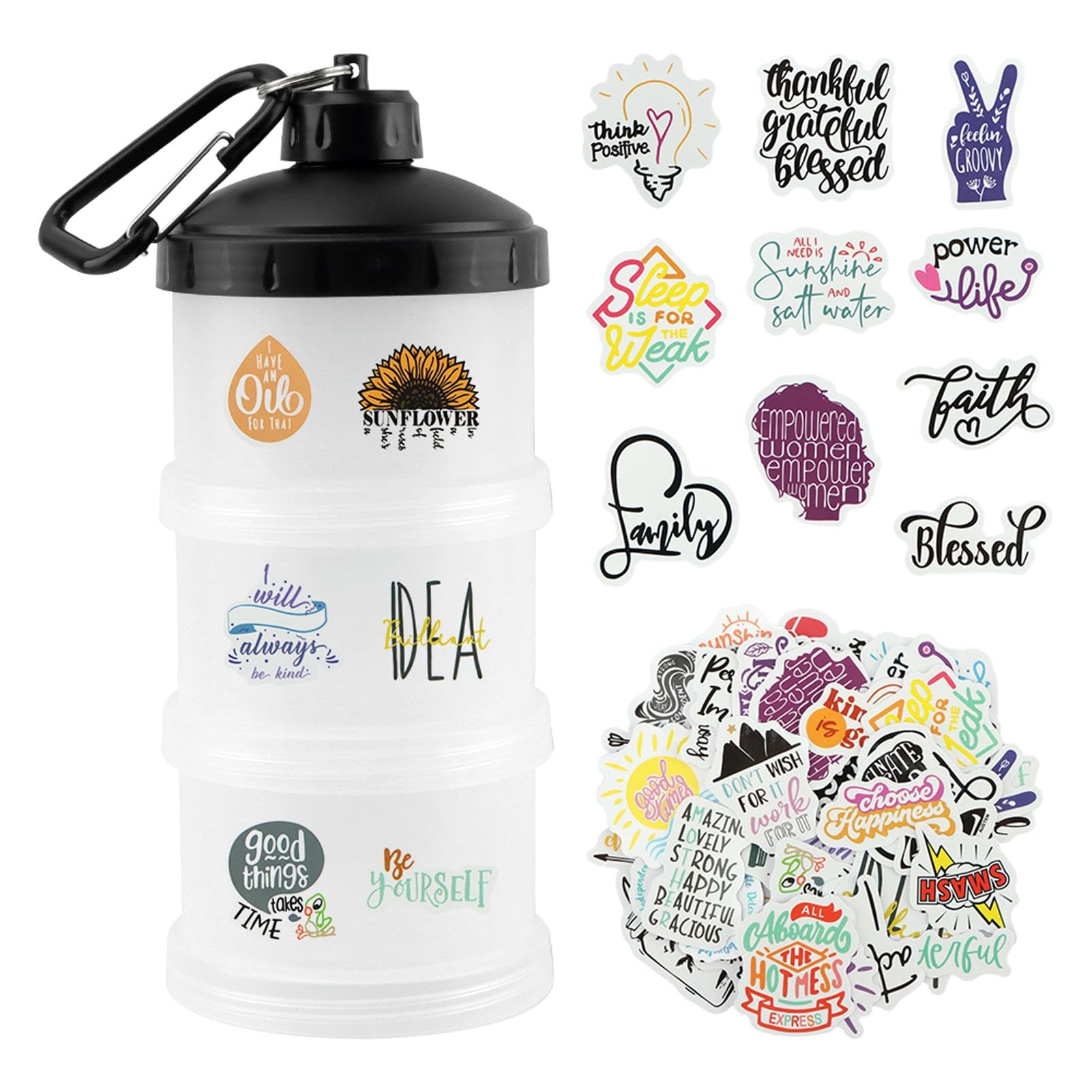 Klomveris Protein Powder Storage Container, 3 Layer Stackable Leak-proof Formula Dispenser with 50 Inspirational Words Stickers and 1 Keychain for Protein Shakes, Whey & Vegan Powders(COLOR:white)
