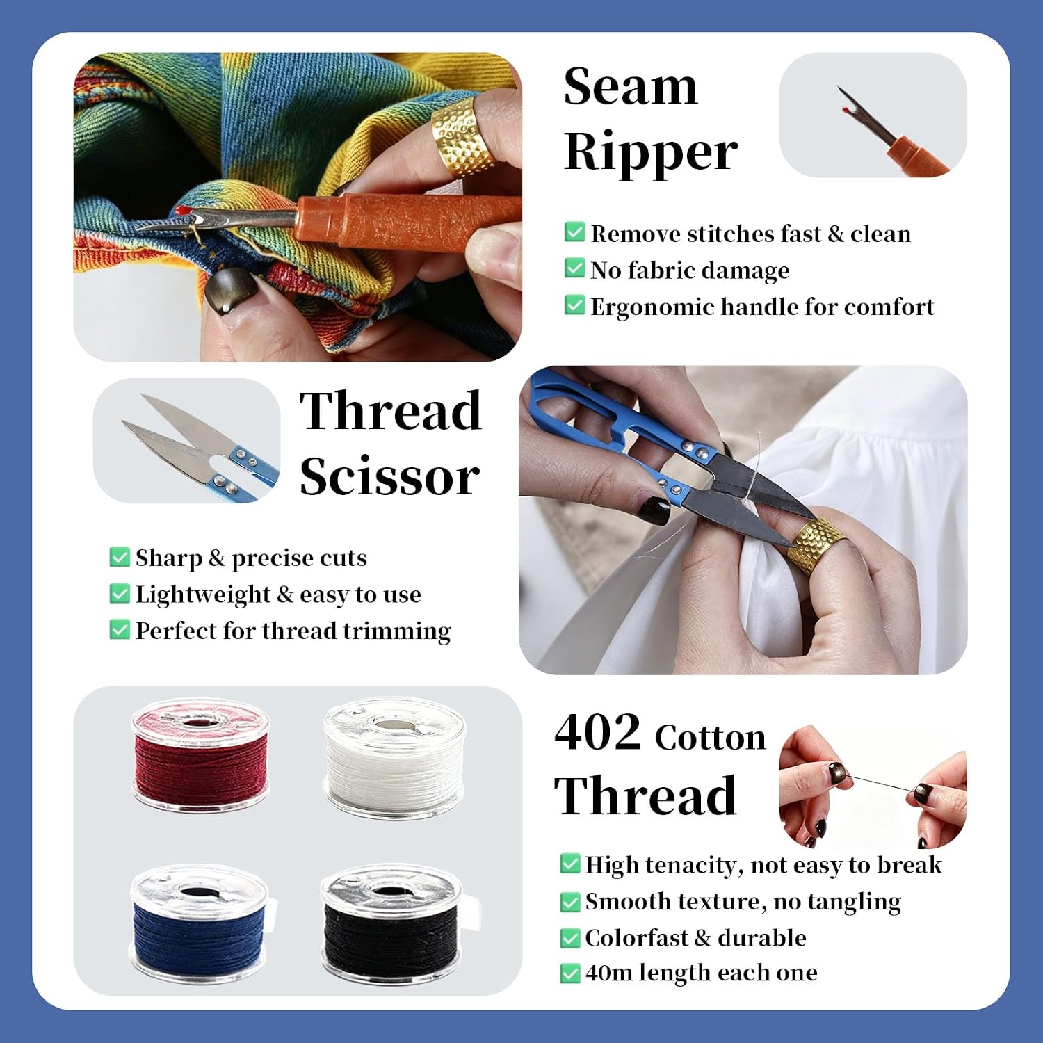 Skysewing 52PCS Large Eye Hand Sewing Needles Kit with Metal Box, Mini Sewing Kit with Threaders, Thimbles, Seam Ripper, Portable Sewing Repair Kit for Adults Beginner Travel Clothing Repair Home Use