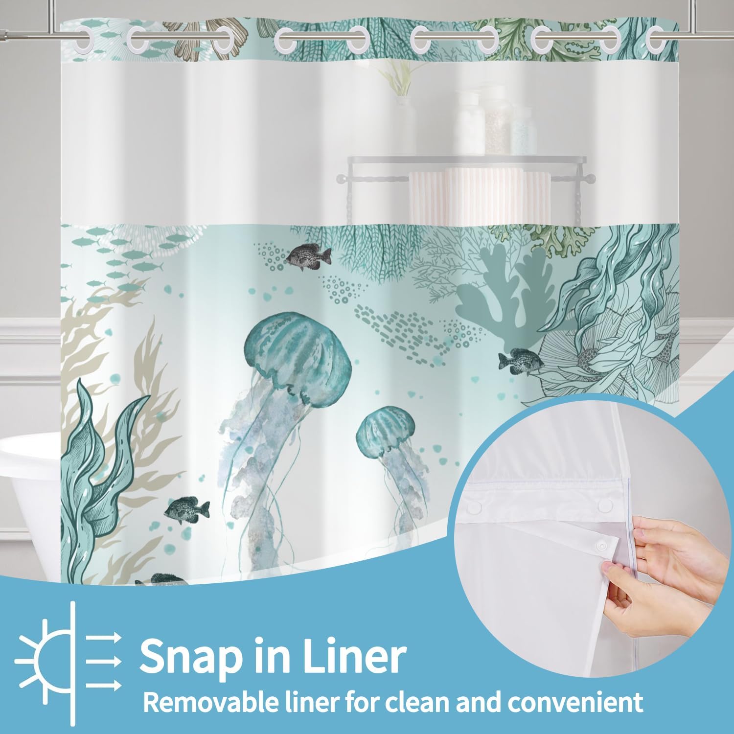 No Hook Shower Curtain Nautical Coastal Jellyfish Shower Curtain with Snap-in Liner Double-Layered Coral Under The Sea Themed Bathroom Curtains Blue Polyester Cloth 71x74in