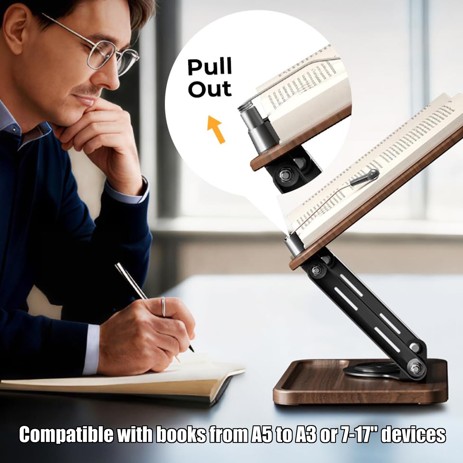 Support de livre réglable pour étude et cuisine - Rotation lisse à 360° - Clip de page extensible - Base en bois robuste - Rangement miniature réglable et ergonomique