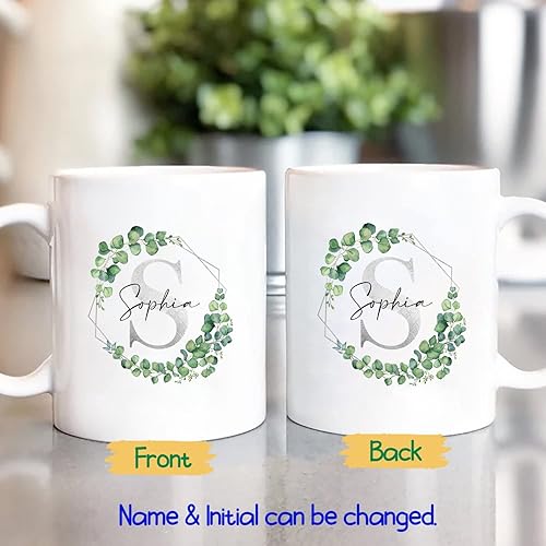 Vista 2 de Taza de café floral con monograma con nombre inicial personalizado, 11 15 onzas, taza de café con nombre personalizado con letra del alfabeto, Letra