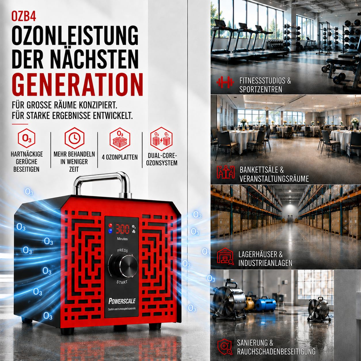 Powerscale OZB4 Ozongenerator 500000 mg/h, industrielles Ozongerät mit intelligenter Steuerung zur Geruchsbeseitigung, leistungsstarker Luftreiniger für große Räume, Schwarz/Rot