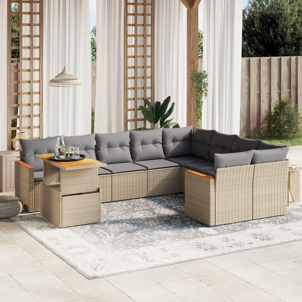 Set Divano da Giardino 10 pz con Cuscini Beige in Polyrattan,Set di Conversazione per Patio,Set Salotto da Esterno,Set Divano da Giardino Esterno-3273243