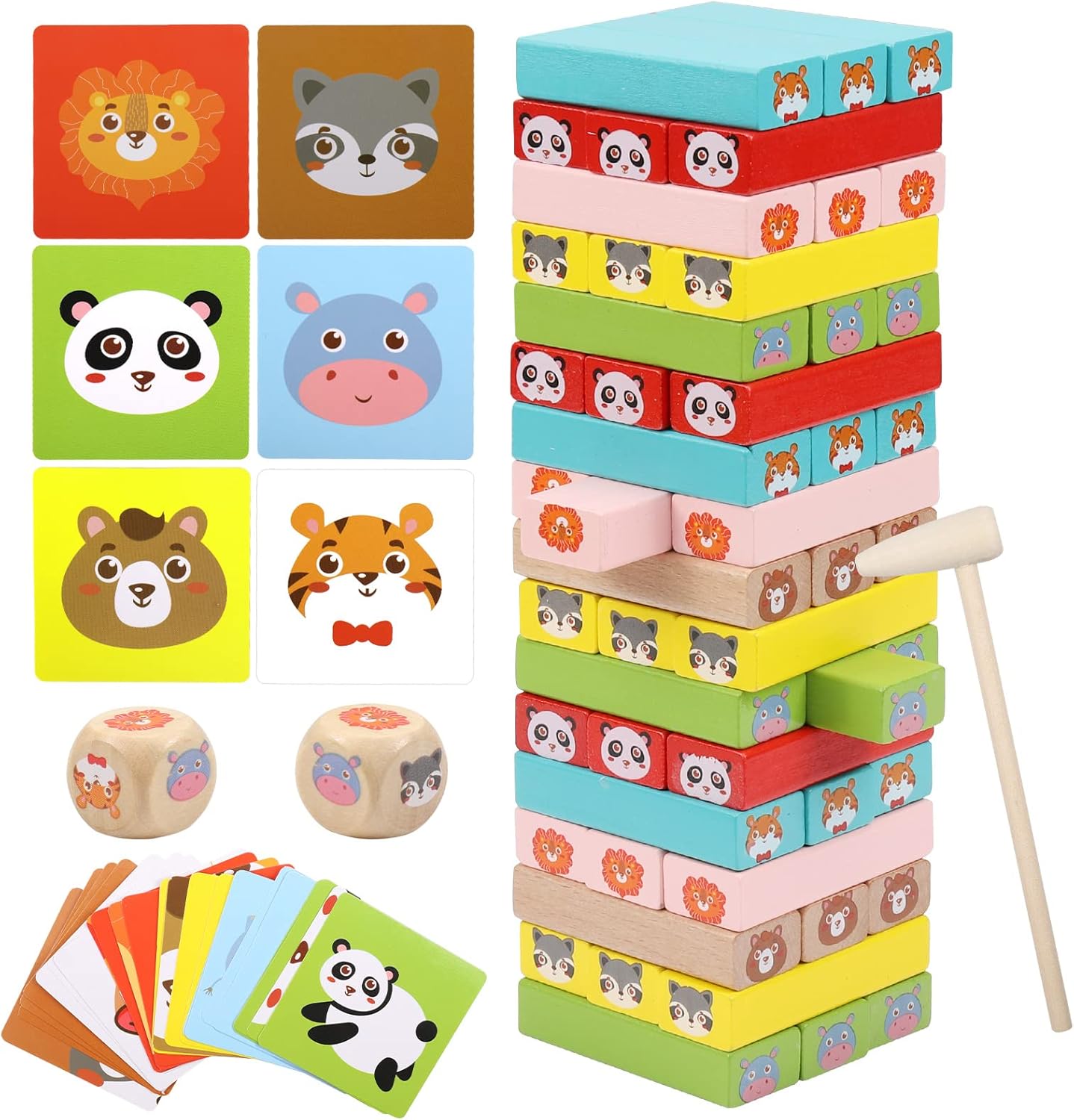 Wooden Tumble Tower Game for Kids, Diealles Shine 51PCS Animal Tumble